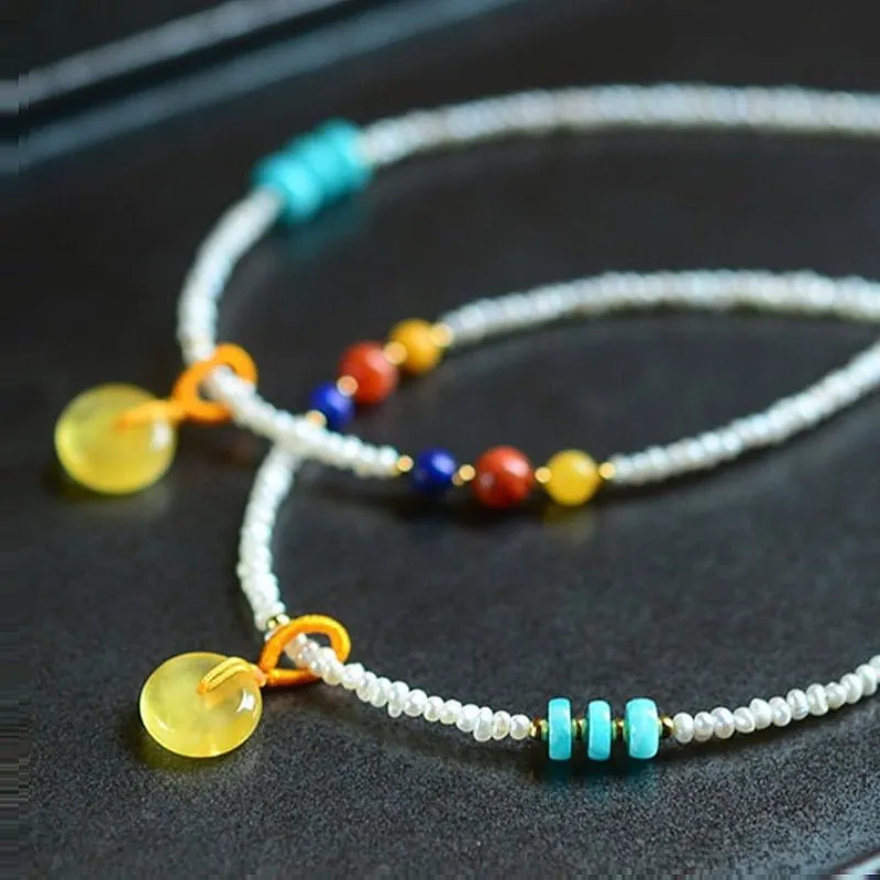 Natural Pearl & Crystal Beaded S925 Anklet