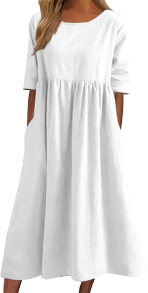Navy Blue Plus Size Linen Midi Dress Baggy Half Sleeve Beach Dress for Women, Casual Summer Dresses for Vacation