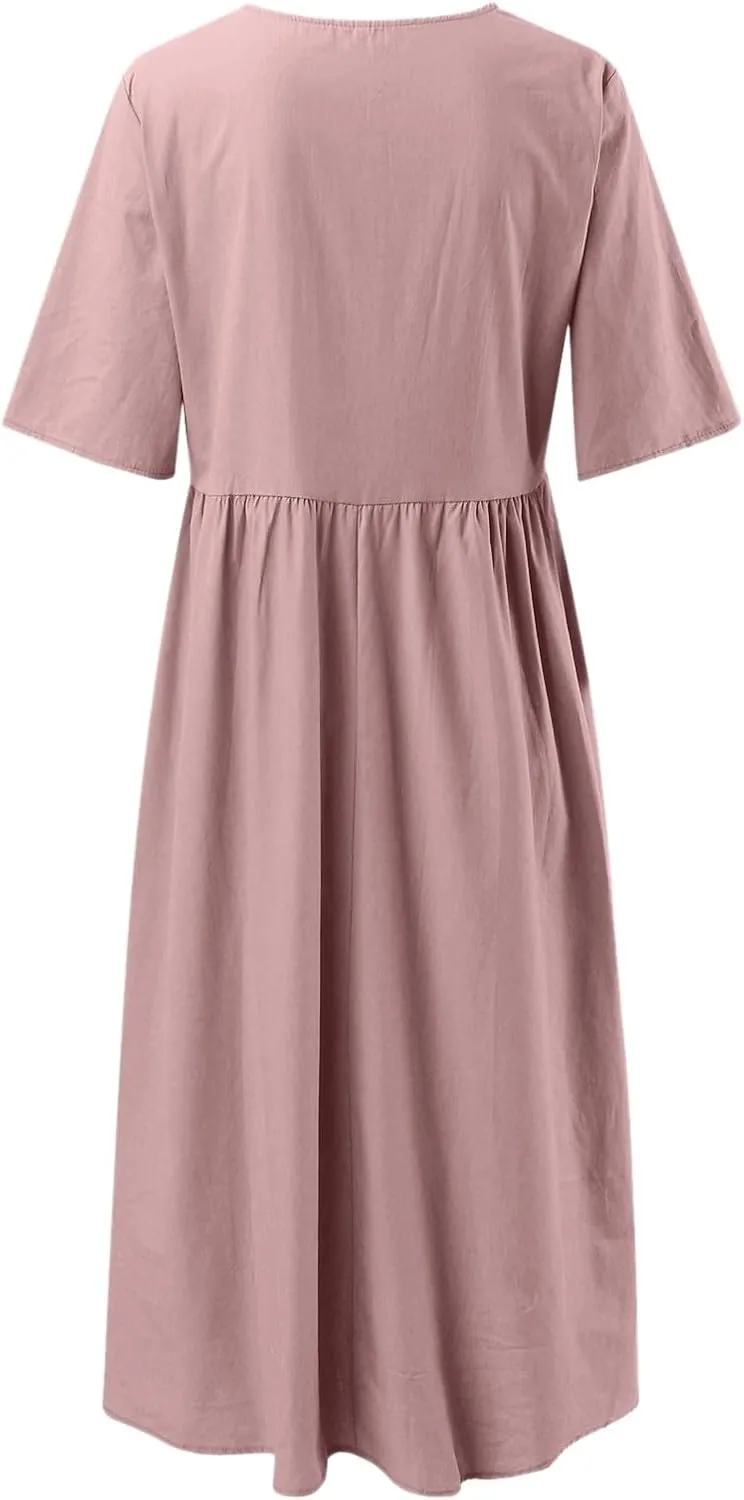 Navy Blue Plus Size Linen Midi Dress Baggy Half Sleeve Beach Dress for Women, Casual Summer Dresses for Vacation