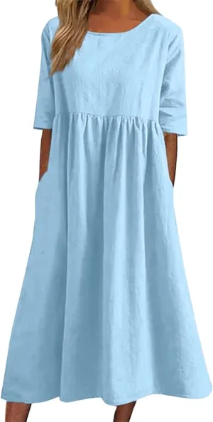 Navy Blue Plus Size Linen Midi Dress Baggy Half Sleeve Beach Dress for Women, Casual Summer Dresses for Vacation