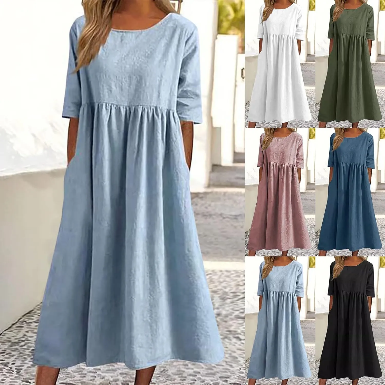 Navy Blue Plus Size Linen Midi Dress Baggy Half Sleeve Beach Dress for Women, Casual Summer Dresses for Vacation