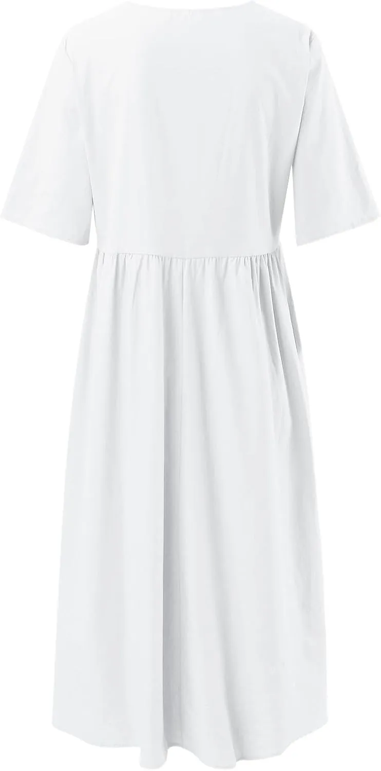 Navy Blue Plus Size Linen Midi Dress Baggy Half Sleeve Beach Dress for Women, Casual Summer Dresses for Vacation