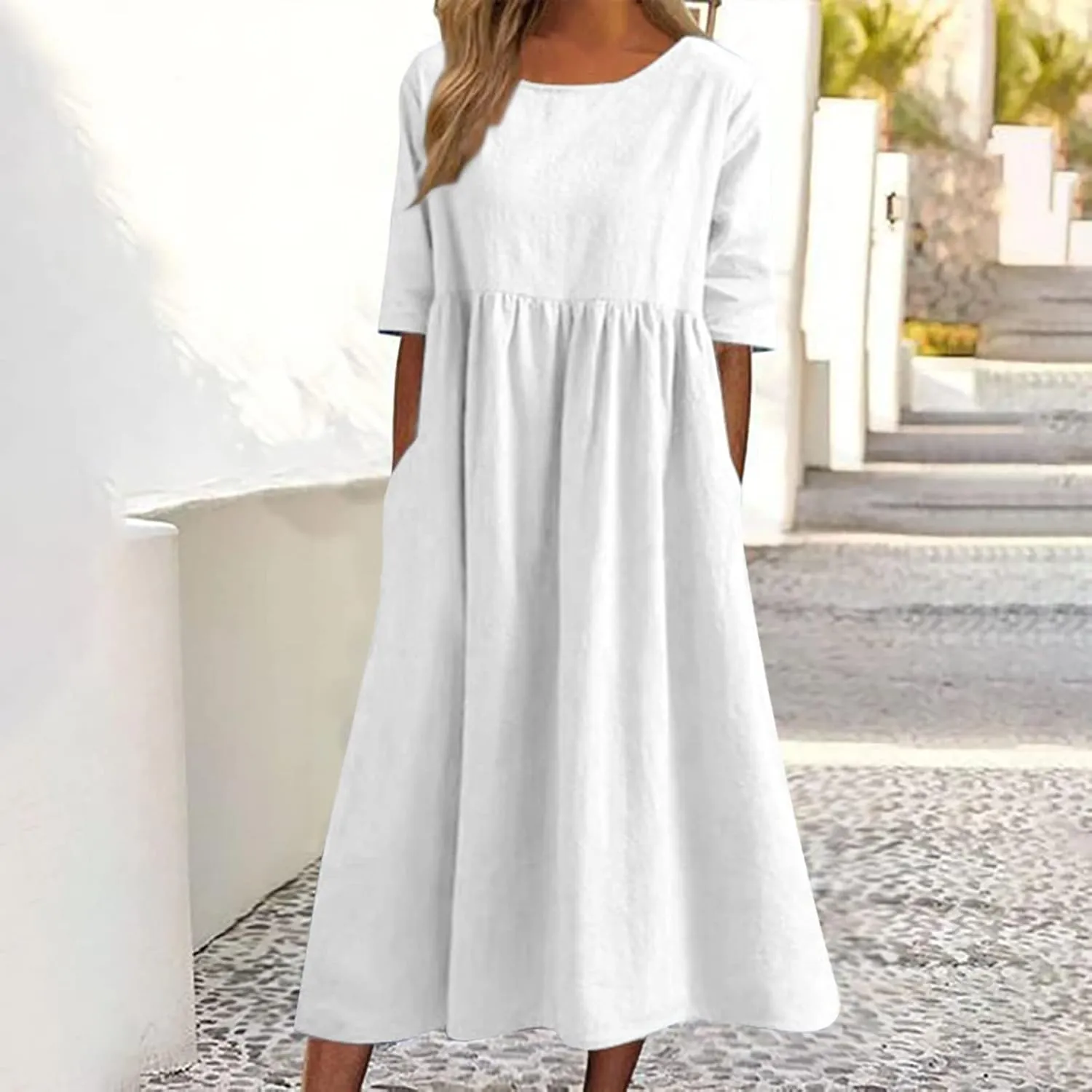 Navy Blue Plus Size Linen Midi Dress Baggy Half Sleeve Beach Dress for Women, Casual Summer Dresses for Vacation