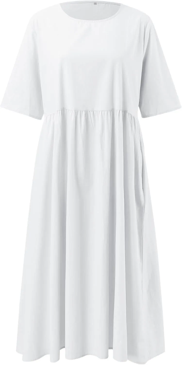 Navy Blue Plus Size Linen Midi Dress Baggy Half Sleeve Beach Dress for Women, Casual Summer Dresses for Vacation
