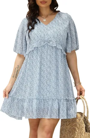 Nemidor Womens Loose Plus Size Summer Ditsy Floral Print Ruffle Mini Flowy Dress NEM314