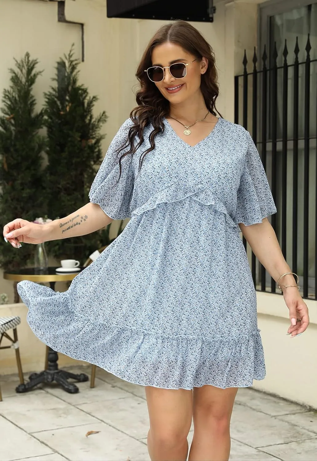 Nemidor Womens Loose Plus Size Summer Ditsy Floral Print Ruffle Mini Flowy Dress NEM314