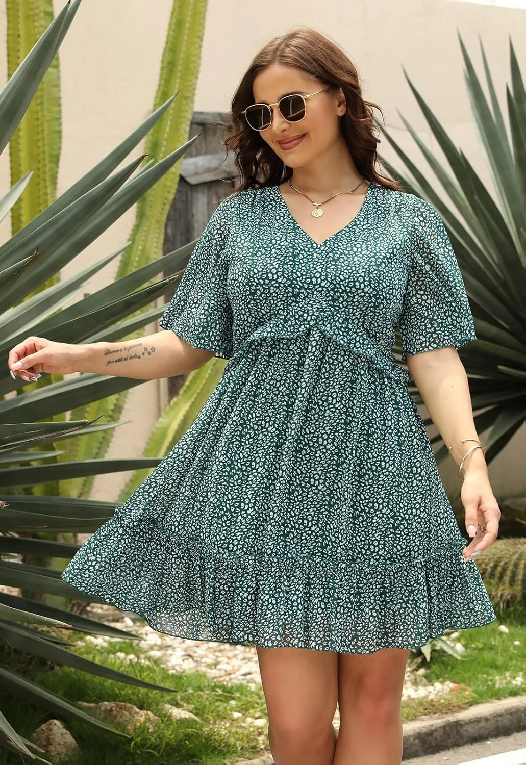 Nemidor Womens Loose Plus Size Summer Ditsy Floral Print Ruffle Mini Flowy Dress NEM314