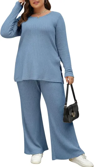 Nemidor Womens Plus Size 2 Piece Fall Outfits Ribbed Knit Top Flare Leg Pants Tracksuits Pajama Sets NEM539