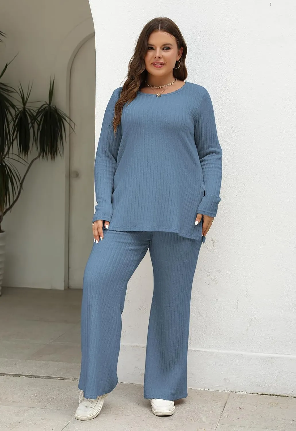 Nemidor Womens Plus Size 2 Piece Fall Outfits Ribbed Knit Top Flare Leg Pants Tracksuits Pajama Sets NEM539