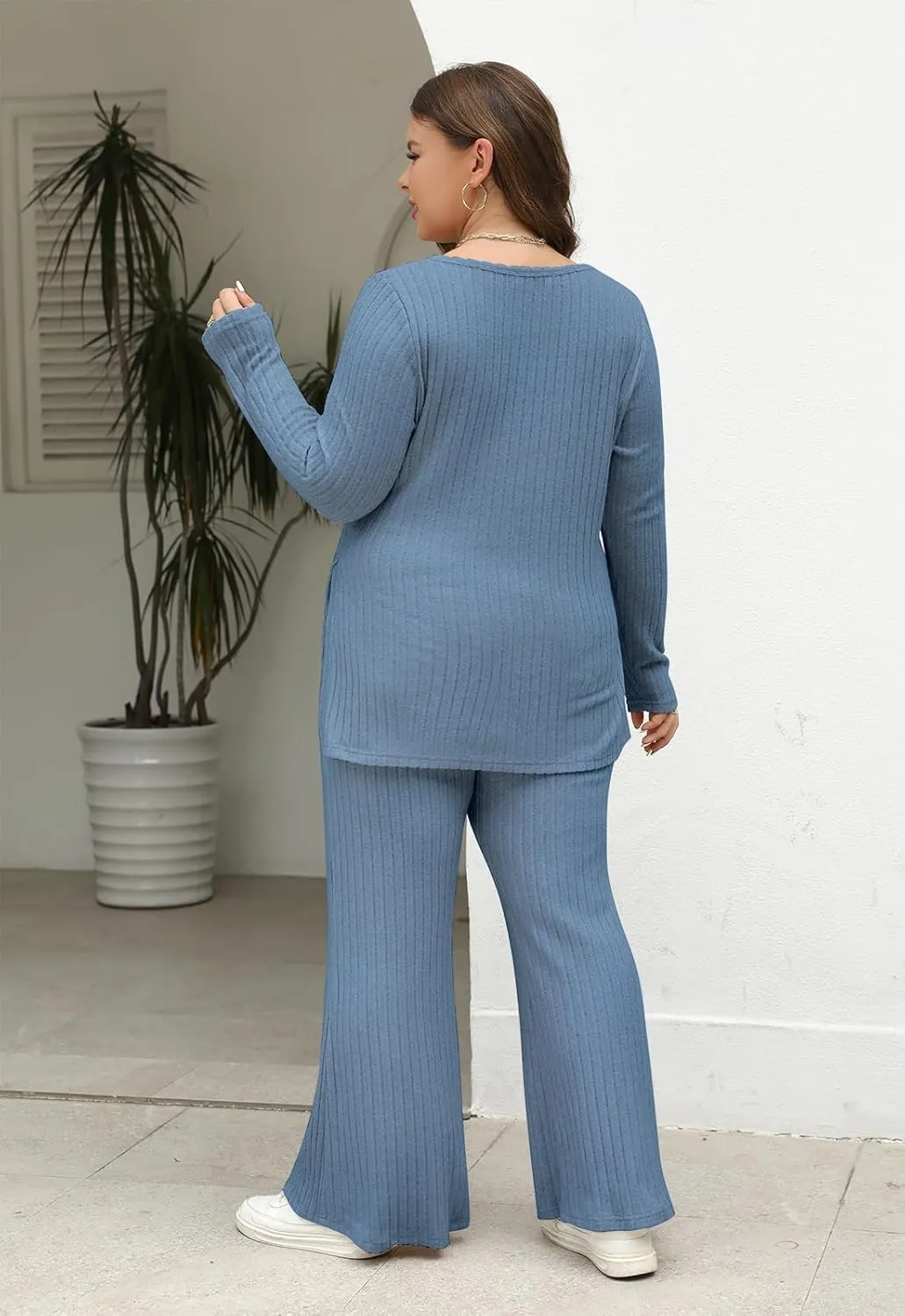 Nemidor Womens Plus Size 2 Piece Fall Outfits Ribbed Knit Top Flare Leg Pants Tracksuits Pajama Sets NEM539