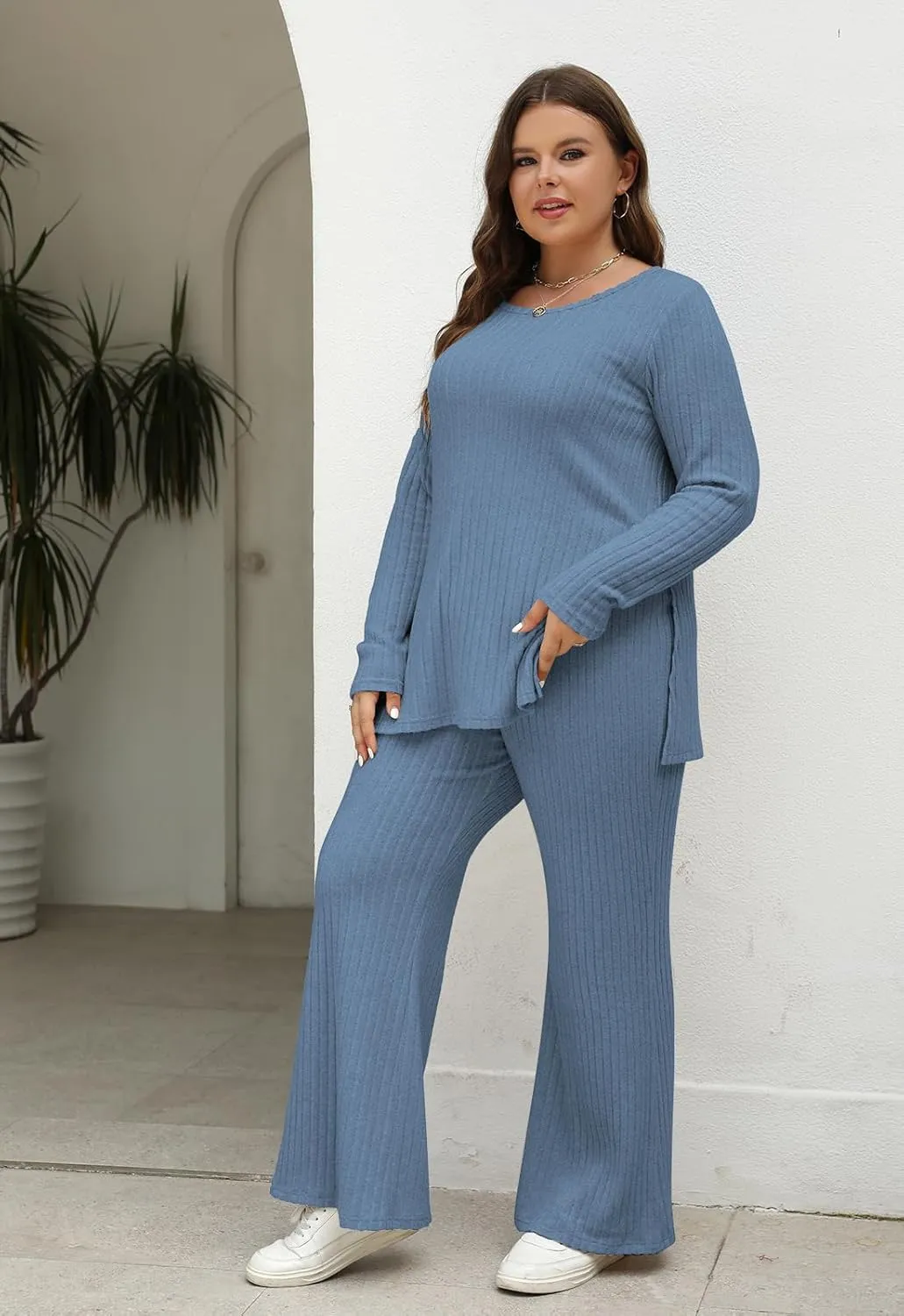 Nemidor Womens Plus Size 2 Piece Fall Outfits Ribbed Knit Top Flare Leg Pants Tracksuits Pajama Sets NEM539