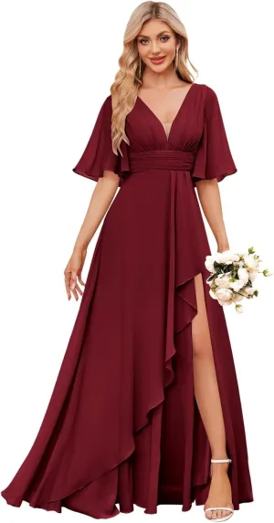 OFEECHUN Women's Long Bridesmaid Dresses with Slit Short Sleeve V Neck Ruffled Formal Evening Gowns