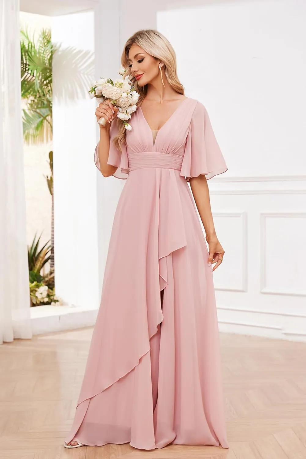 OFEECHUN Women's Long Bridesmaid Dresses with Slit Short Sleeve V Neck Ruffled Formal Evening Gowns