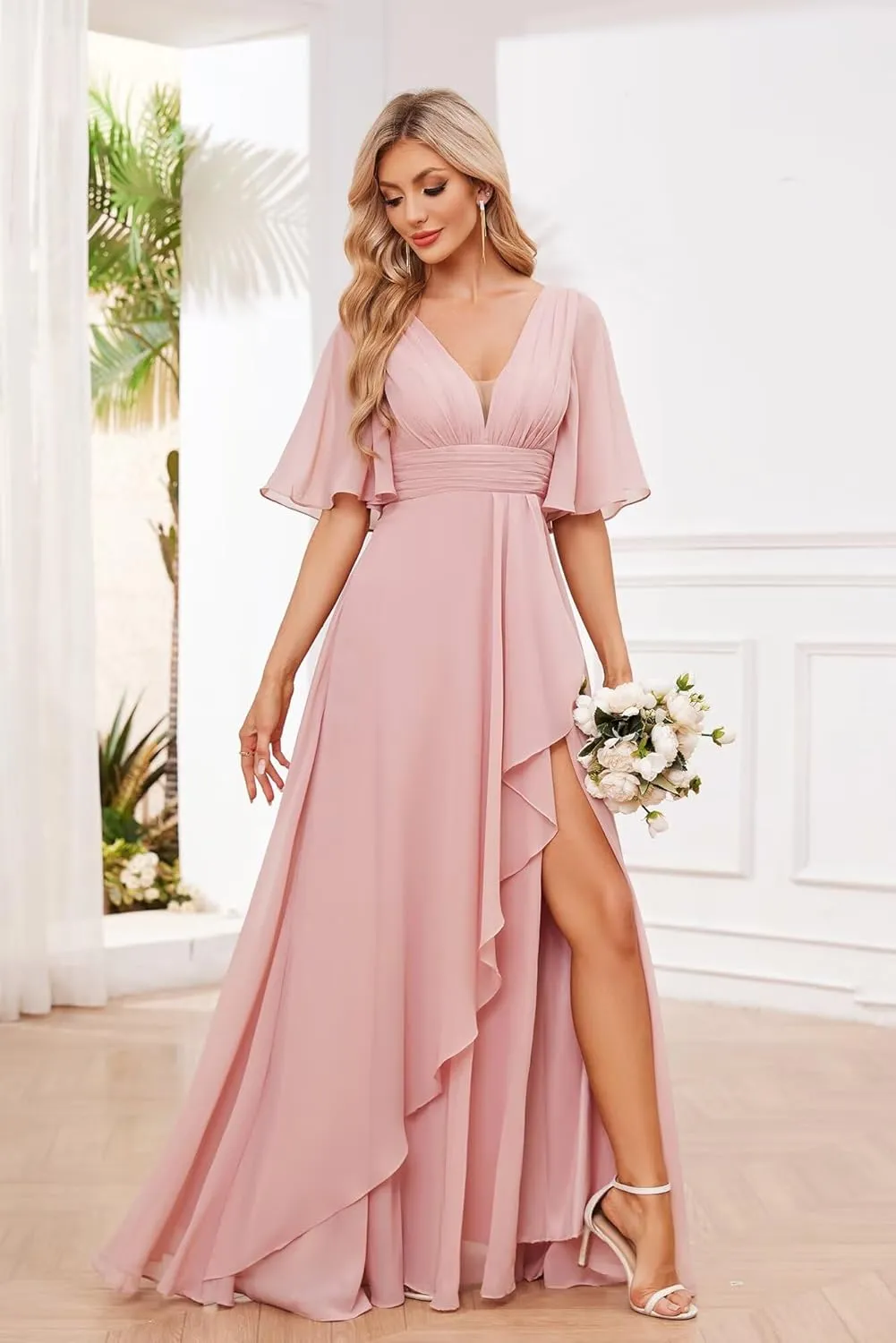 OFEECHUN Women's Long Bridesmaid Dresses with Slit Short Sleeve V Neck Ruffled Formal Evening Gowns