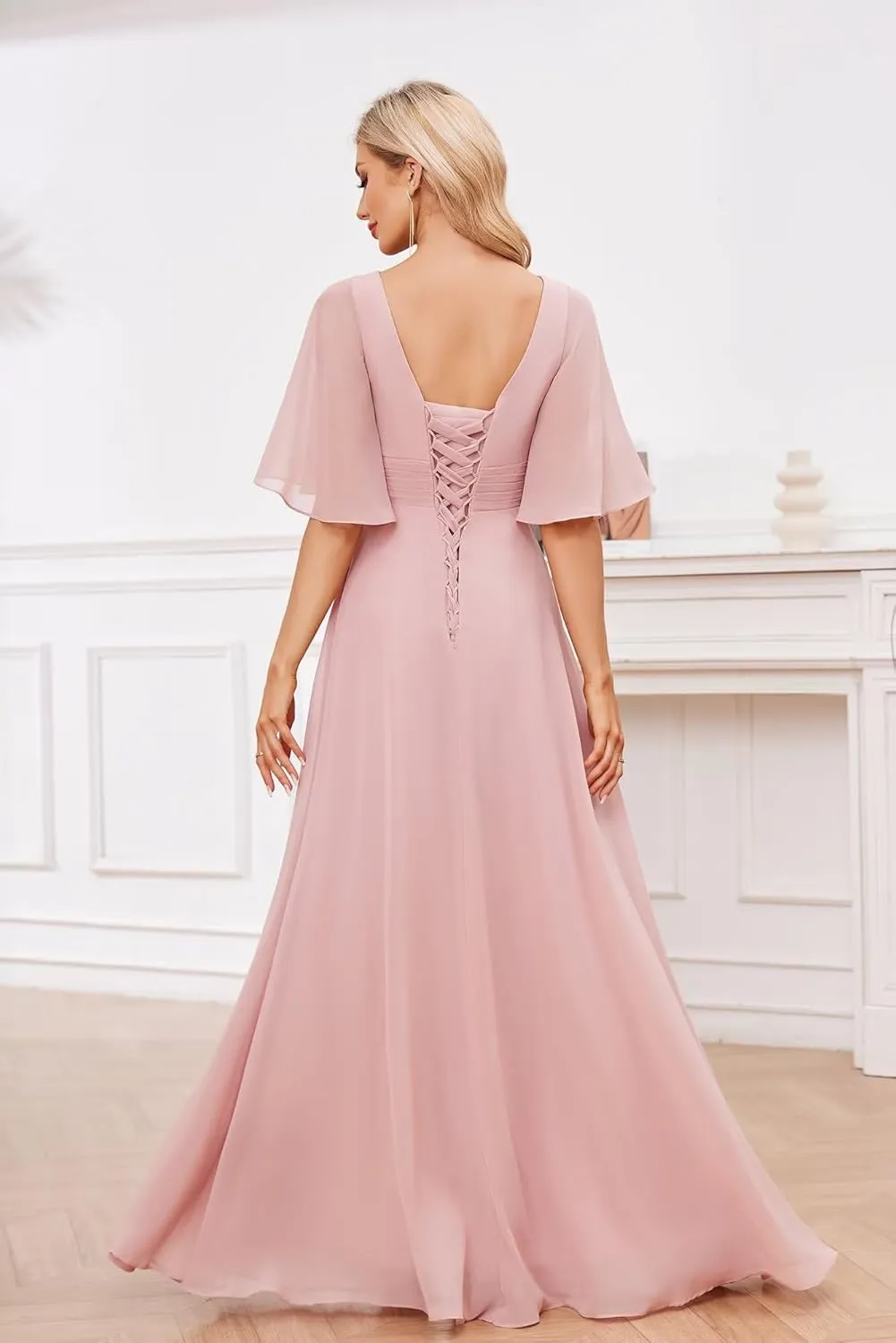 OFEECHUN Women's Long Bridesmaid Dresses with Slit Short Sleeve V Neck Ruffled Formal Evening Gowns