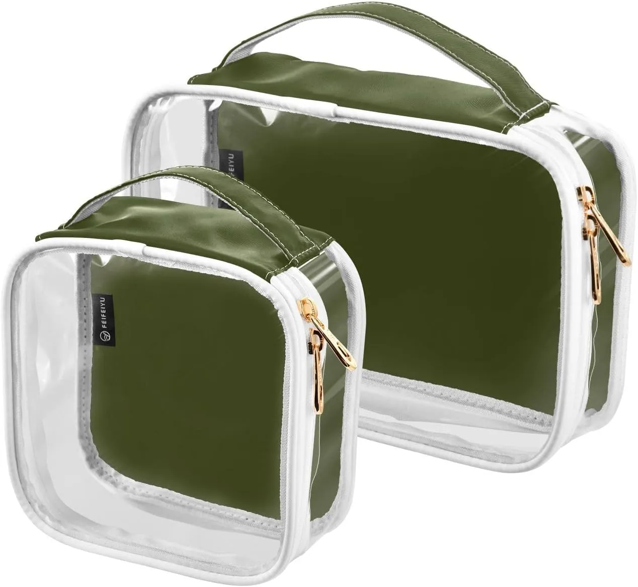 Olive Green Clear Makeup Bags TSA Approved Toiletry Bag for Women Men Cosmetic Bags with Zipper Carry On Airport Airline Compliant Bag Quart Size PVC Travel Bags for Toiletries Organizing, 2 Pack