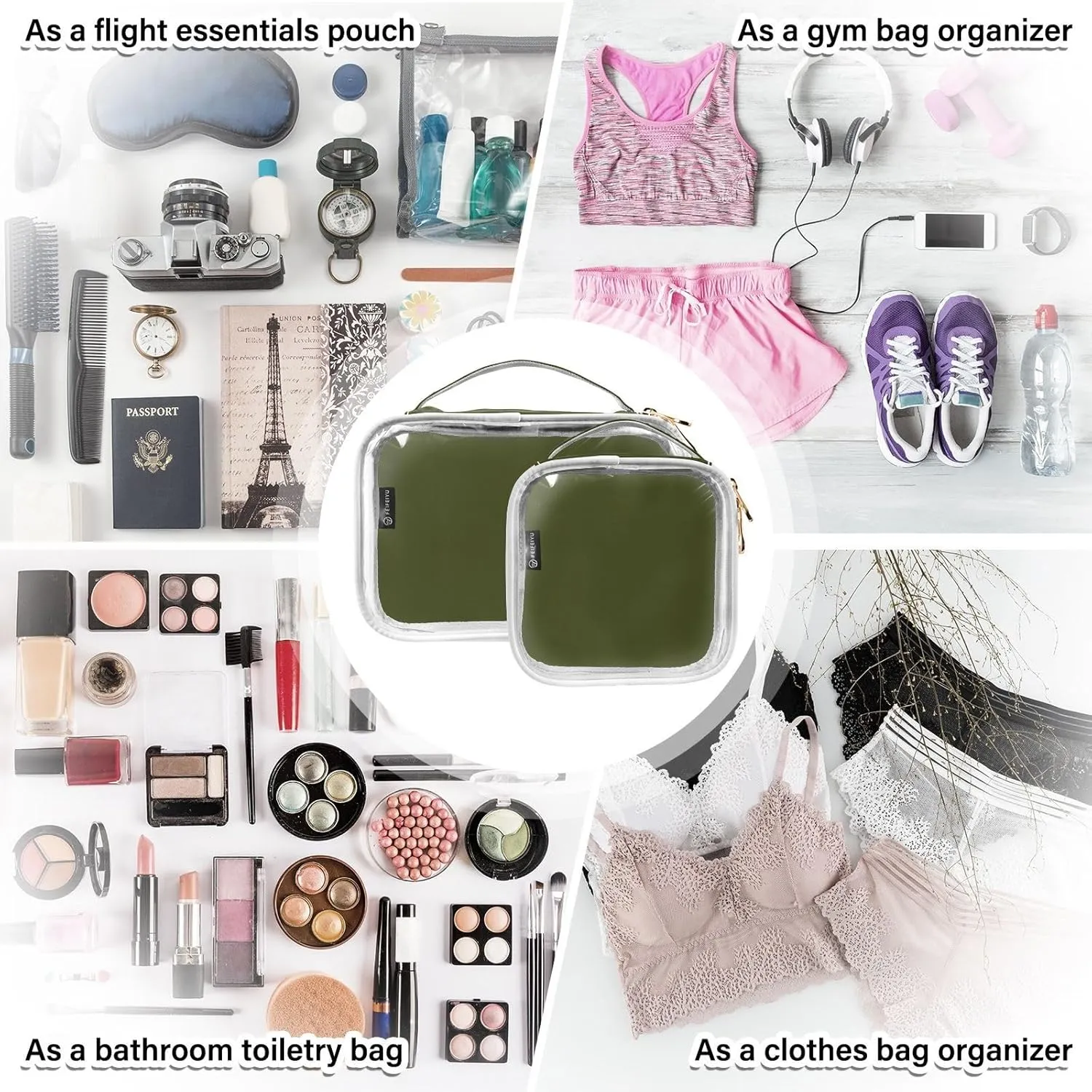 Olive Green Clear Makeup Bags TSA Approved Toiletry Bag for Women Men Cosmetic Bags with Zipper Carry On Airport Airline Compliant Bag Quart Size PVC Travel Bags for Toiletries Organizing, 2 Pack