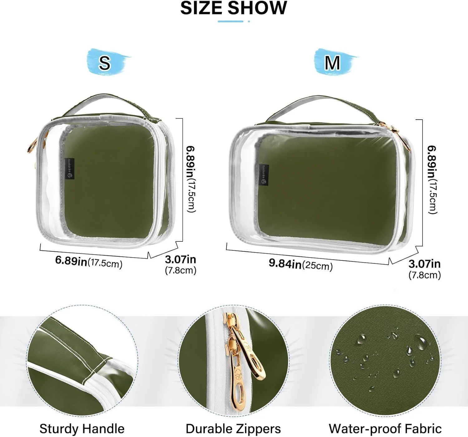 Olive Green Clear Makeup Bags TSA Approved Toiletry Bag for Women Men Cosmetic Bags with Zipper Carry On Airport Airline Compliant Bag Quart Size PVC Travel Bags for Toiletries Organizing, 2 Pack