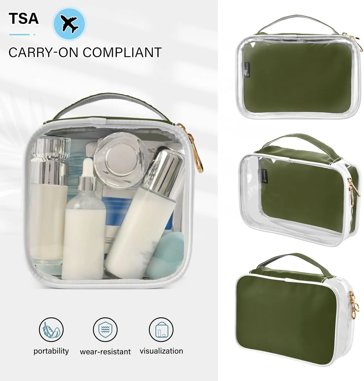 Olive Green Clear Makeup Bags TSA Approved Toiletry Bag for Women Men Cosmetic Bags with Zipper Carry On Airport Airline Compliant Bag Quart Size PVC Travel Bags for Toiletries Organizing, 2 Pack