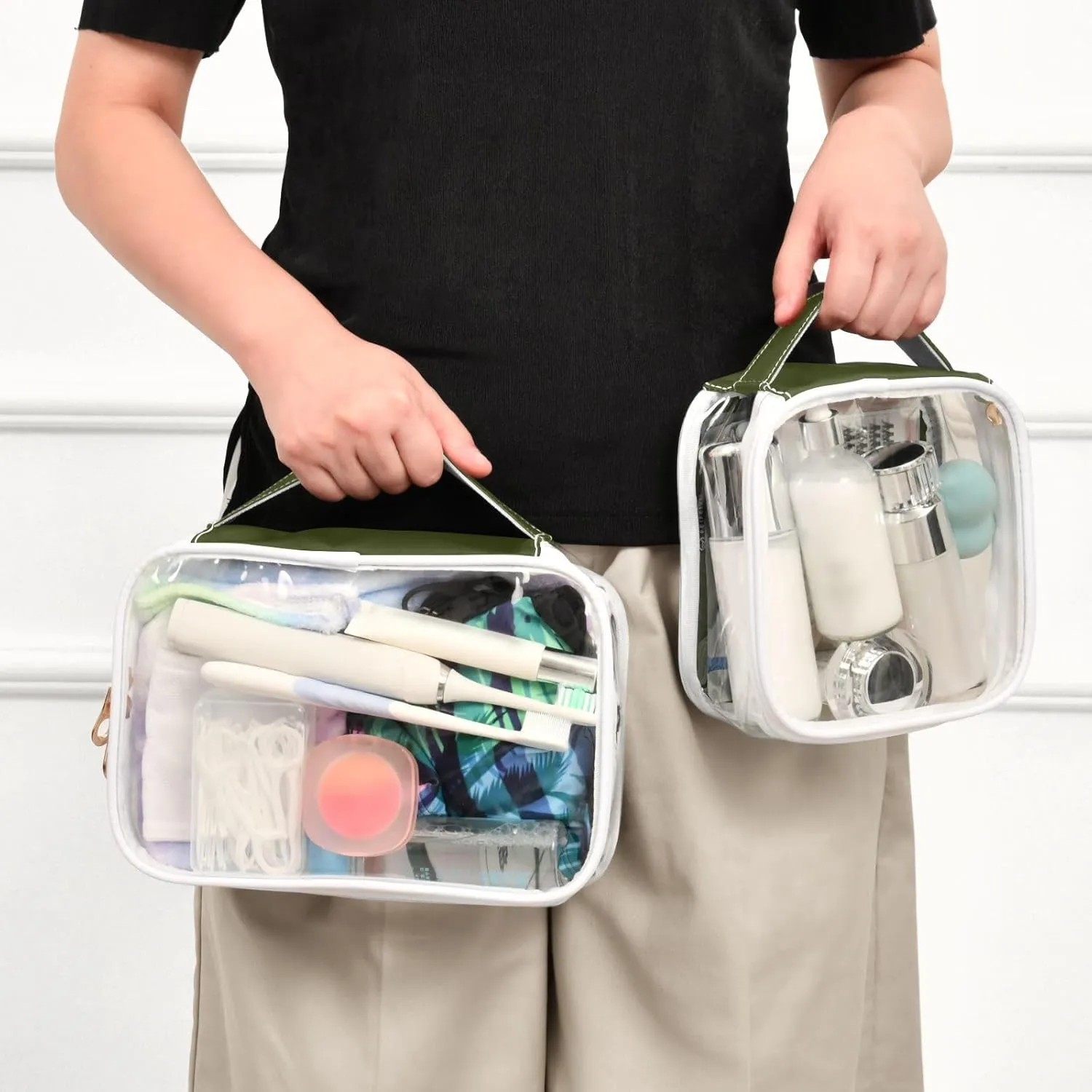 Olive Green Clear Makeup Bags TSA Approved Toiletry Bag for Women Men Cosmetic Bags with Zipper Carry On Airport Airline Compliant Bag Quart Size PVC Travel Bags for Toiletries Organizing, 2 Pack