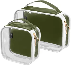 Olive Green Clear Makeup Bags TSA Approved Toiletry Bag for Women Men Cosmetic Bags with Zipper Carry On Airport Airline Compliant Bag Quart Size PVC Travel Bags for Toiletries Organizing, 2 Pack
