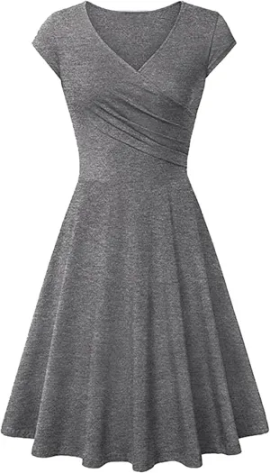 OMZIN Women's Elegant V-Neck Dress Short Sleeve Solid Color Runway Evening Dress