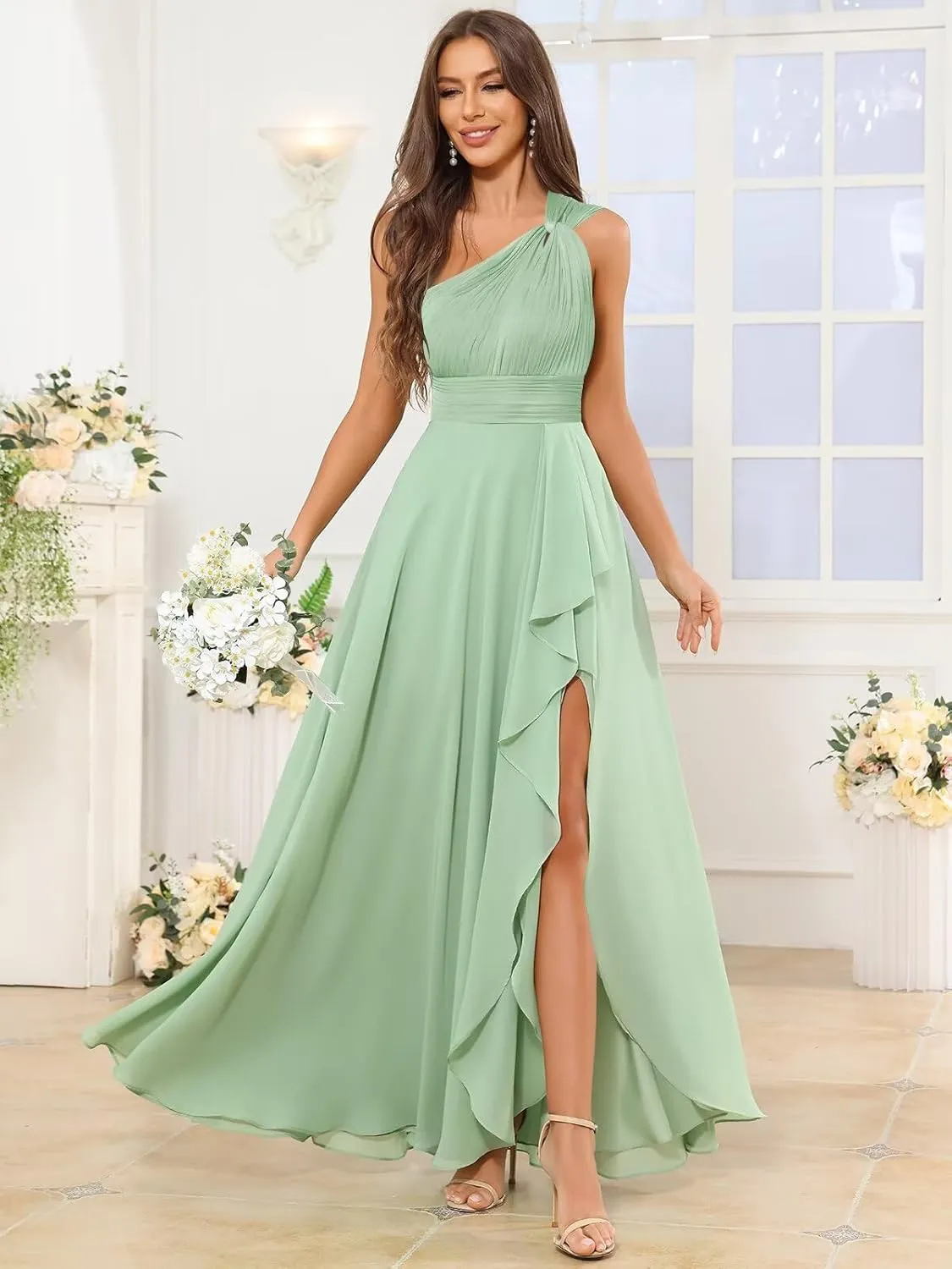 One Shoulder Chiffon Bridesmaid Dresses for Women Ruffle Long Formal Dress Evening Gown with Slit