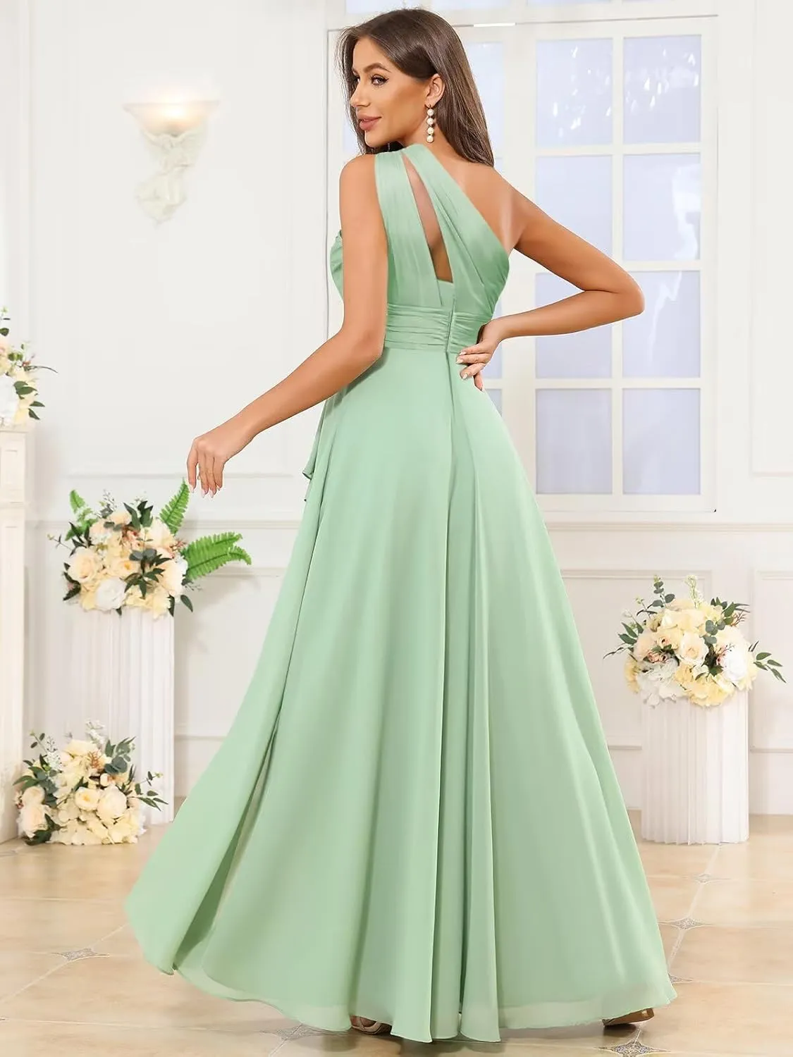 One Shoulder Chiffon Bridesmaid Dresses for Women Ruffle Long Formal Dress Evening Gown with Slit