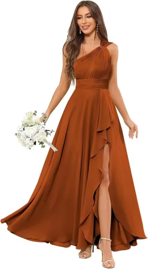 One Shoulder Chiffon Bridesmaid Dresses for Women Ruffle Long Formal Dress Evening Gown with Slit