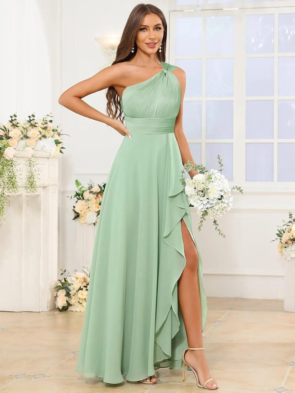 One Shoulder Chiffon Bridesmaid Dresses for Women Ruffle Long Formal Dress Evening Gown with Slit