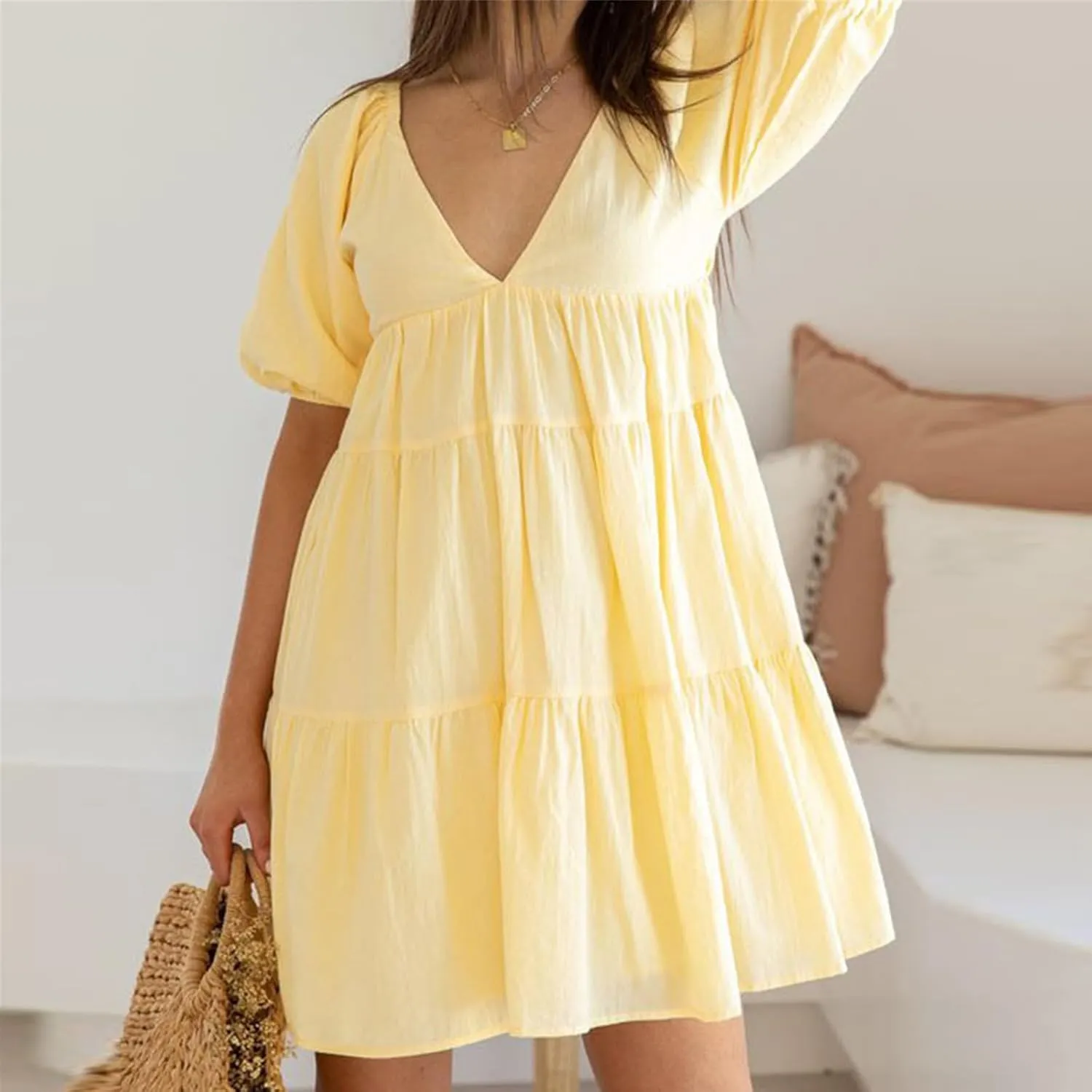 Owl's-Yard Women Maternity Summer Dress Puff Sleeves V-Neck A-Line Dress Beach Loose Sundress Photoshoot Pregnancy Clothes