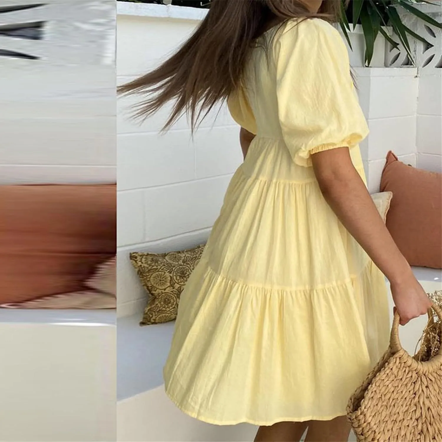 Owl's-Yard Women Maternity Summer Dress Puff Sleeves V-Neck A-Line Dress Beach Loose Sundress Photoshoot Pregnancy Clothes