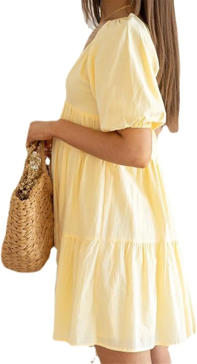 Owl's-Yard Women Maternity Summer Dress Puff Sleeves V-Neck A-Line Dress Beach Loose Sundress Photoshoot Pregnancy Clothes
