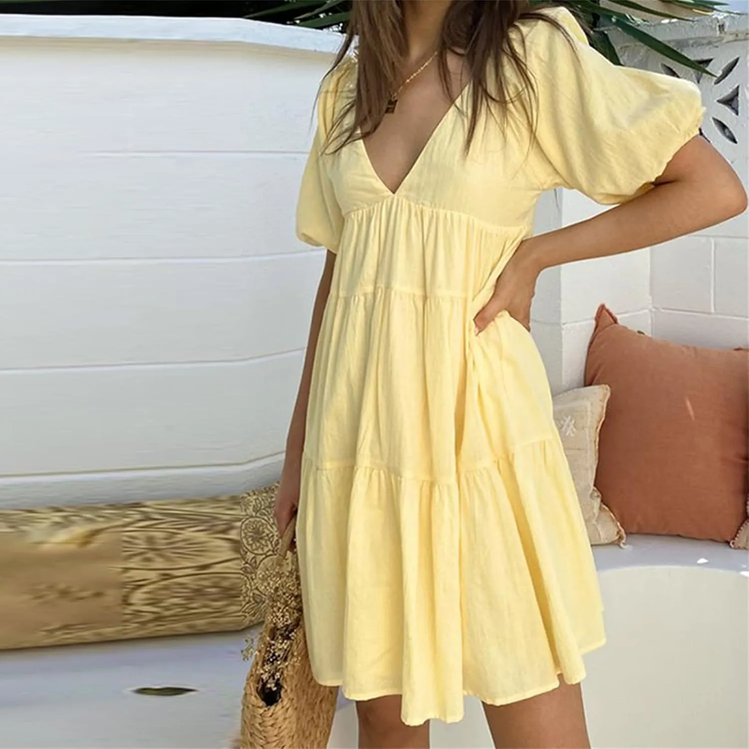 Owl's-Yard Women Maternity Summer Dress Puff Sleeves V-Neck A-Line Dress Beach Loose Sundress Photoshoot Pregnancy Clothes