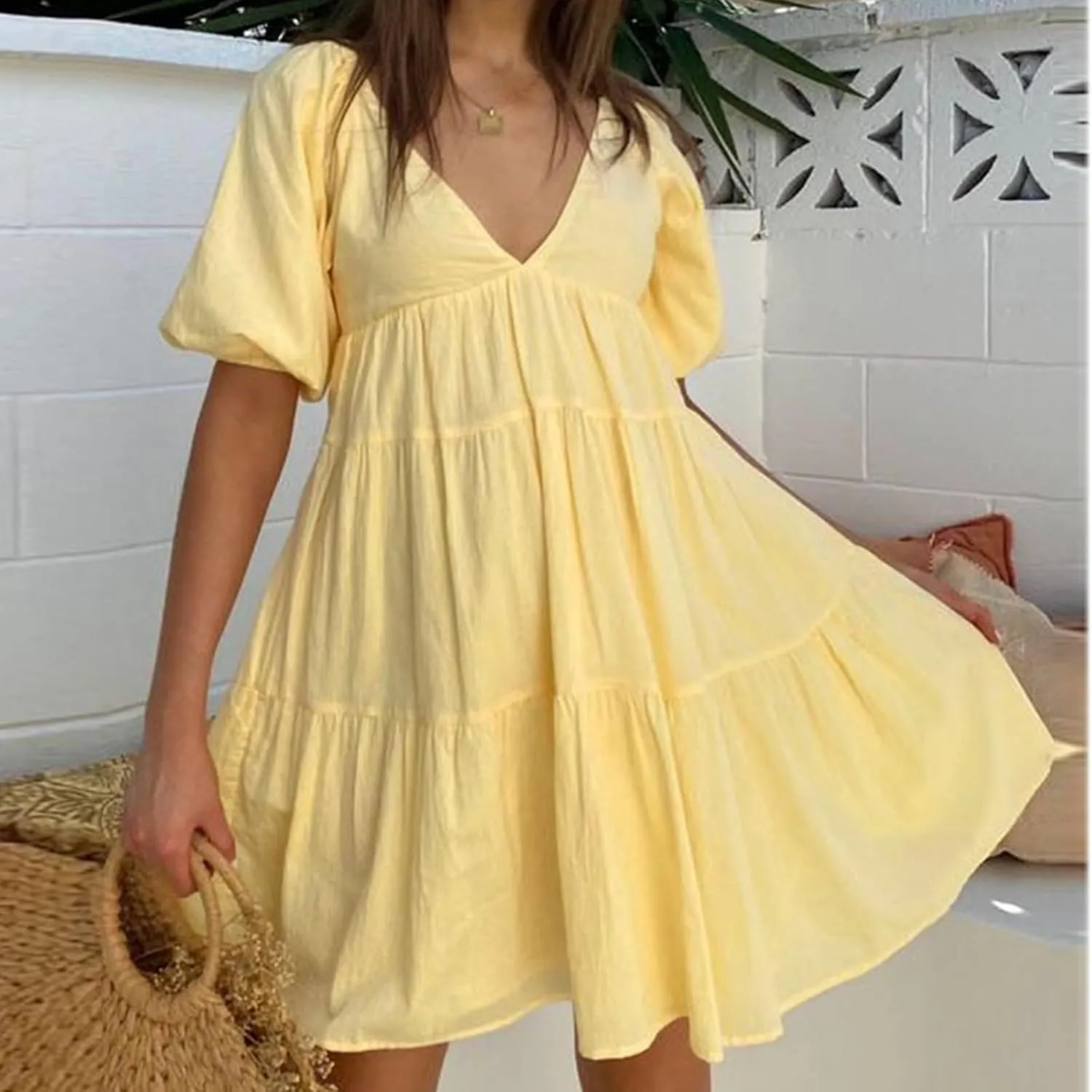 Owl's-Yard Women Maternity Summer Dress Puff Sleeves V-Neck A-Line Dress Beach Loose Sundress Photoshoot Pregnancy Clothes