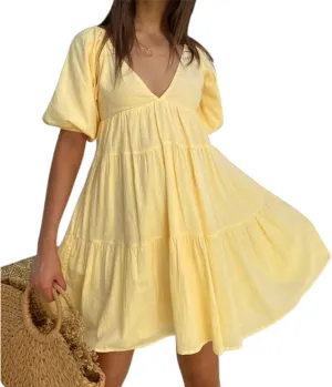 Owl's-Yard Women Maternity Summer Dress Puff Sleeves V-Neck A-Line Dress Beach Loose Sundress Photoshoot Pregnancy Clothes