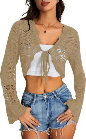 OYOANGLE Women's Hollow Out Tie Front Sweater Cardigans Flare Long Sleeve Knitted Cropped Shrug Cardigan