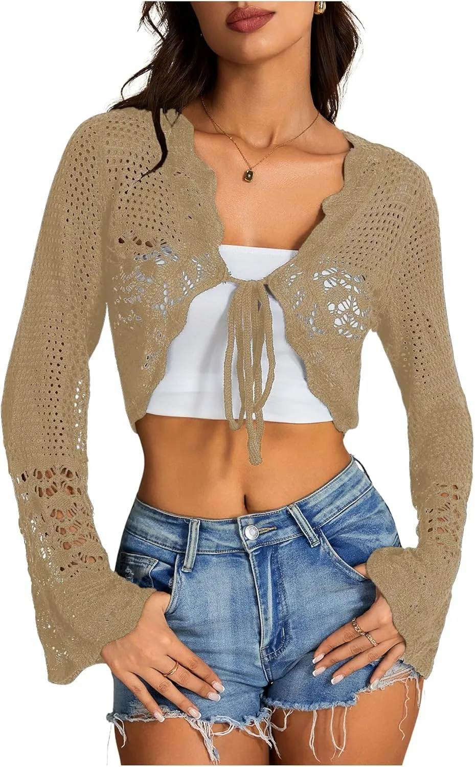 OYOANGLE Women's Hollow Out Tie Front Sweater Cardigans Flare Long Sleeve Knitted Cropped Shrug Cardigan