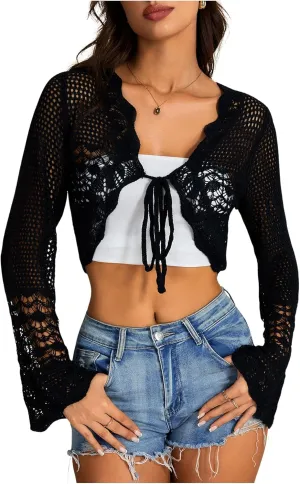 OYOANGLE Women's Hollow Out Tie Front Sweater Cardigans Flare Long Sleeve Knitted Cropped Shrug Cardigan