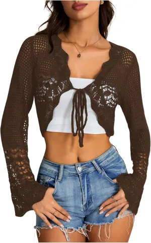 OYOANGLE Women's Hollow Out Tie Front Sweater Cardigans Flare Long Sleeve Knitted Cropped Shrug Cardigan