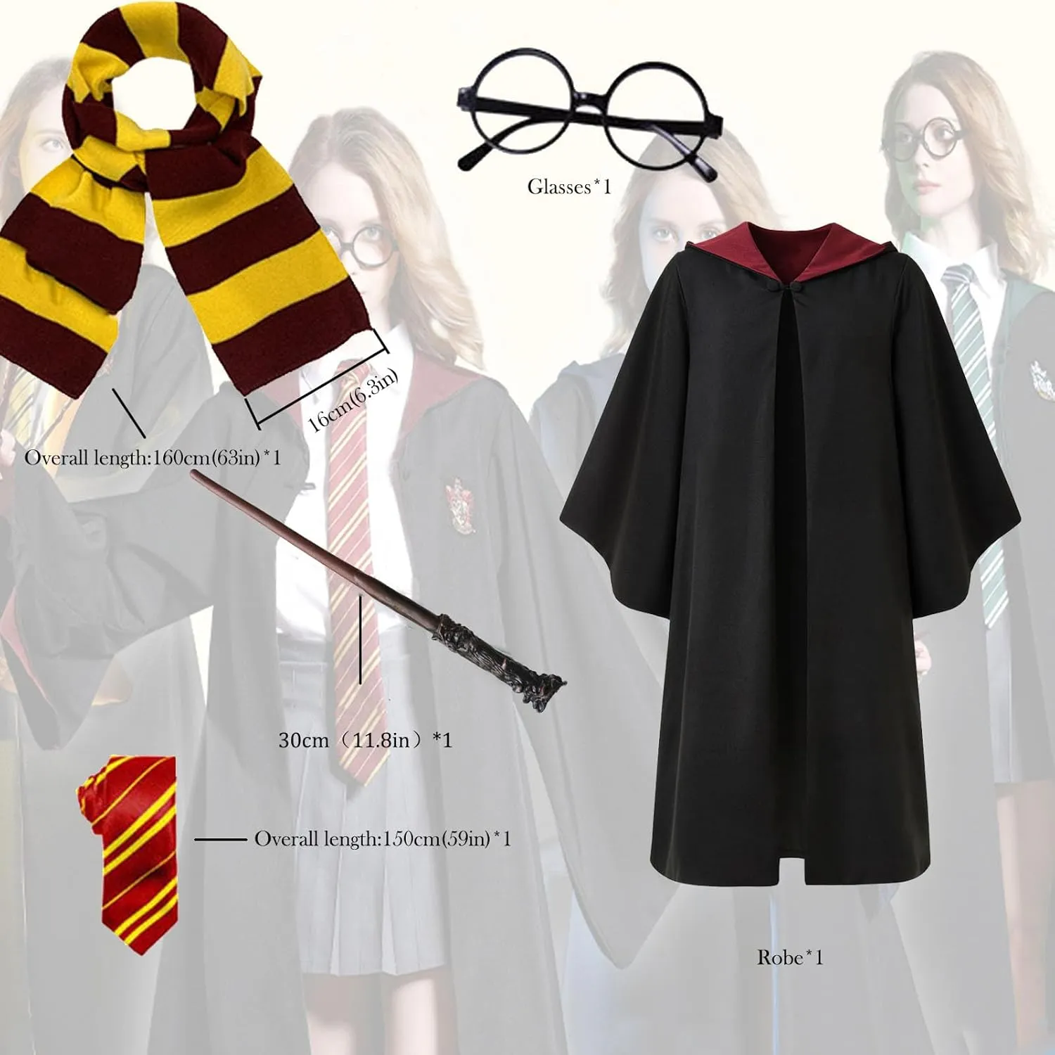 OYYJIG Magician Robe for Adult Teens,Wizard School Costume Wizard wand, scarf, glasses, tie five-piece set for Men Women