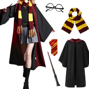 OYYJIG Magician Robe for Adult Teens,Wizard School Costume Wizard wand, scarf, glasses, tie five-piece set for Men Women