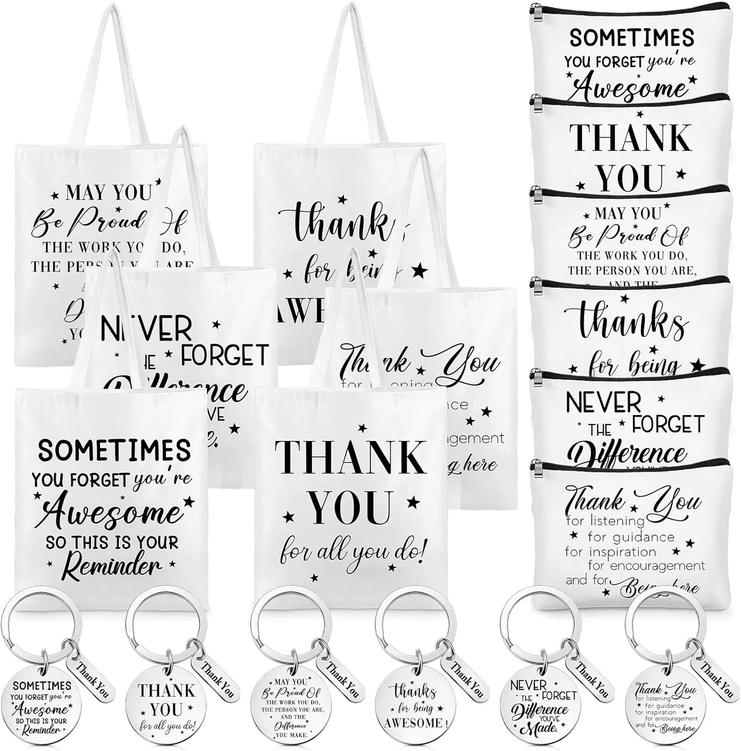 Paterr 18 Pcs Employee Appreciation Gifts Including 6 Canvas Bags 6 Makeup Bags 6 Inspirational Keychains Thank You Gifts(Thank You)
