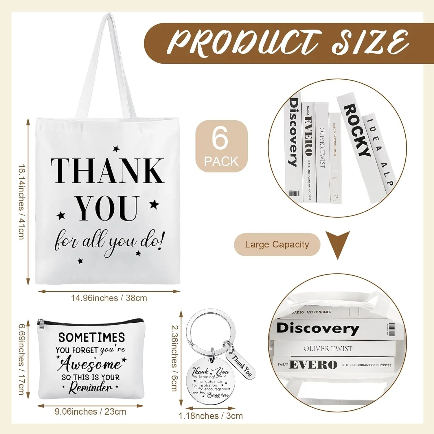 Paterr 18 Pcs Employee Appreciation Gifts Including 6 Canvas Bags 6 Makeup Bags 6 Inspirational Keychains Thank You Gifts(Thank You)