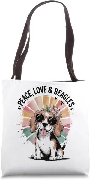Peace Love Beagles, Fun Dog with Flowers and Sunglasses Tote Bag