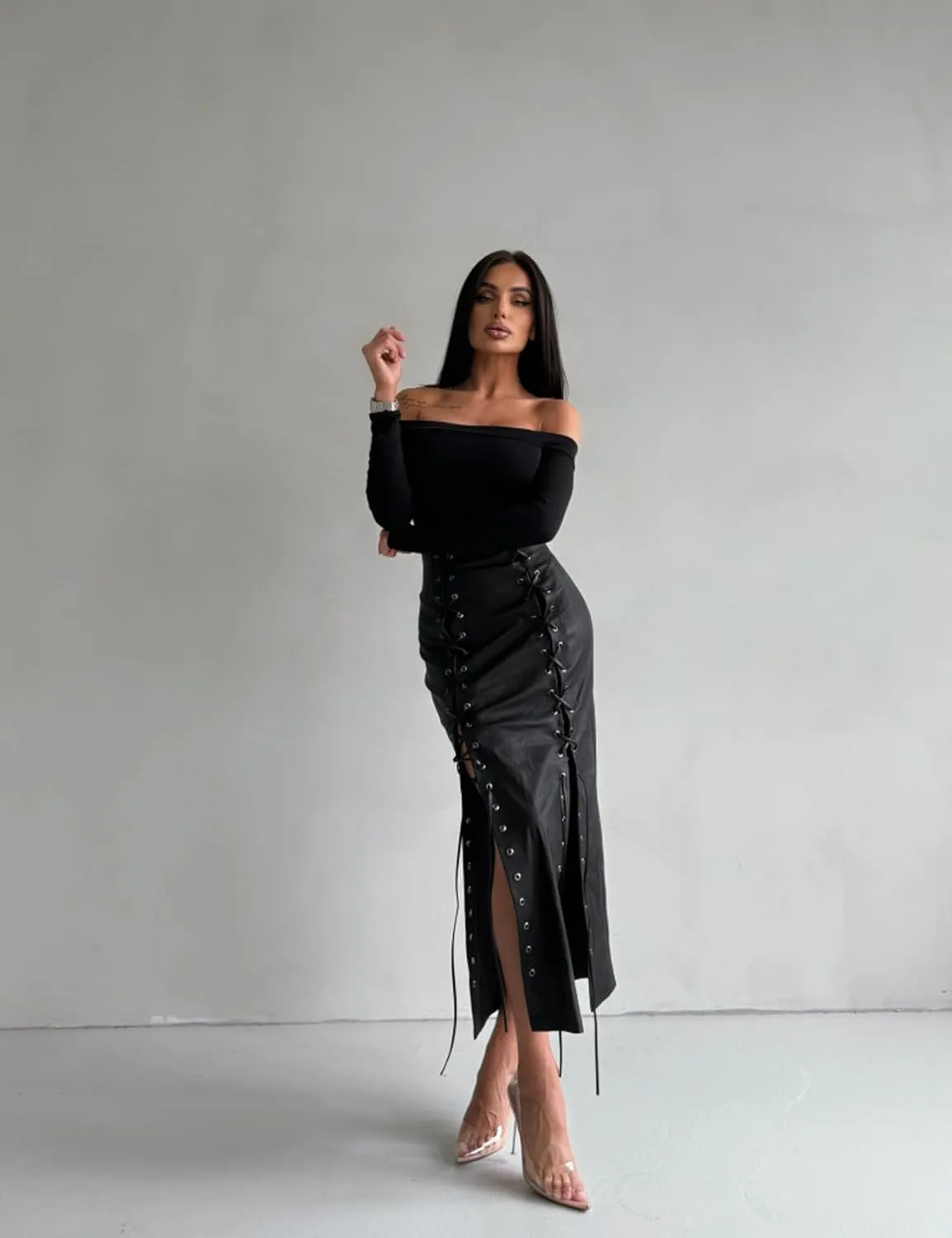 Perbai Womens Faux Leather Skirt Sexy High Waisted Lace Up Split Bodycon Tight Long Pencil Skirt
