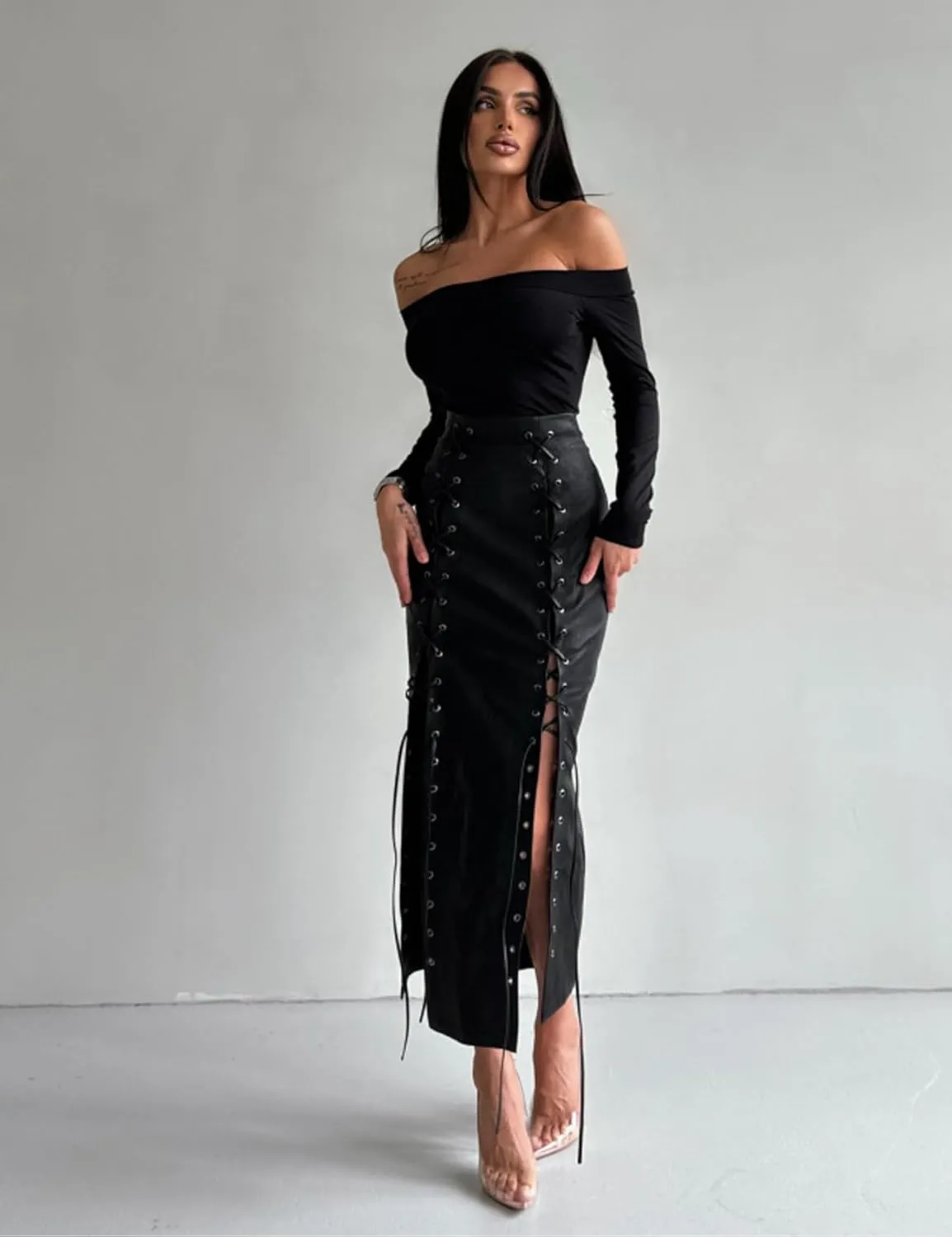 Perbai Womens Faux Leather Skirt Sexy High Waisted Lace Up Split Bodycon Tight Long Pencil Skirt