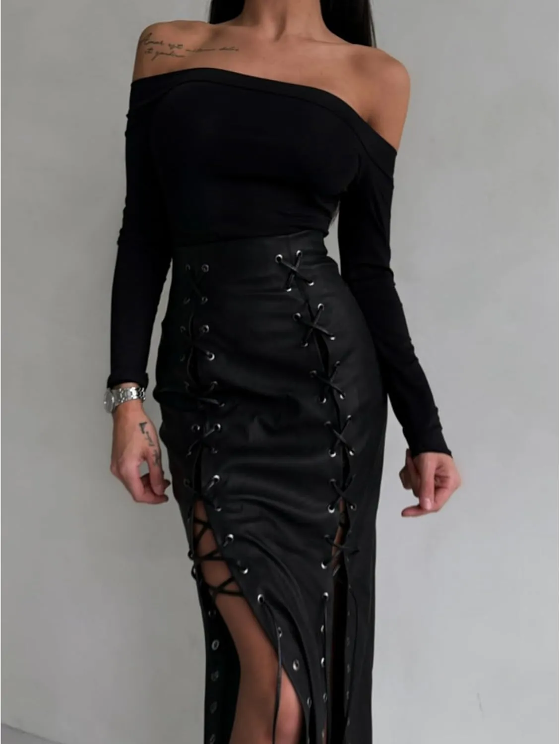 Perbai Womens Faux Leather Skirt Sexy High Waisted Lace Up Split Bodycon Tight Long Pencil Skirt