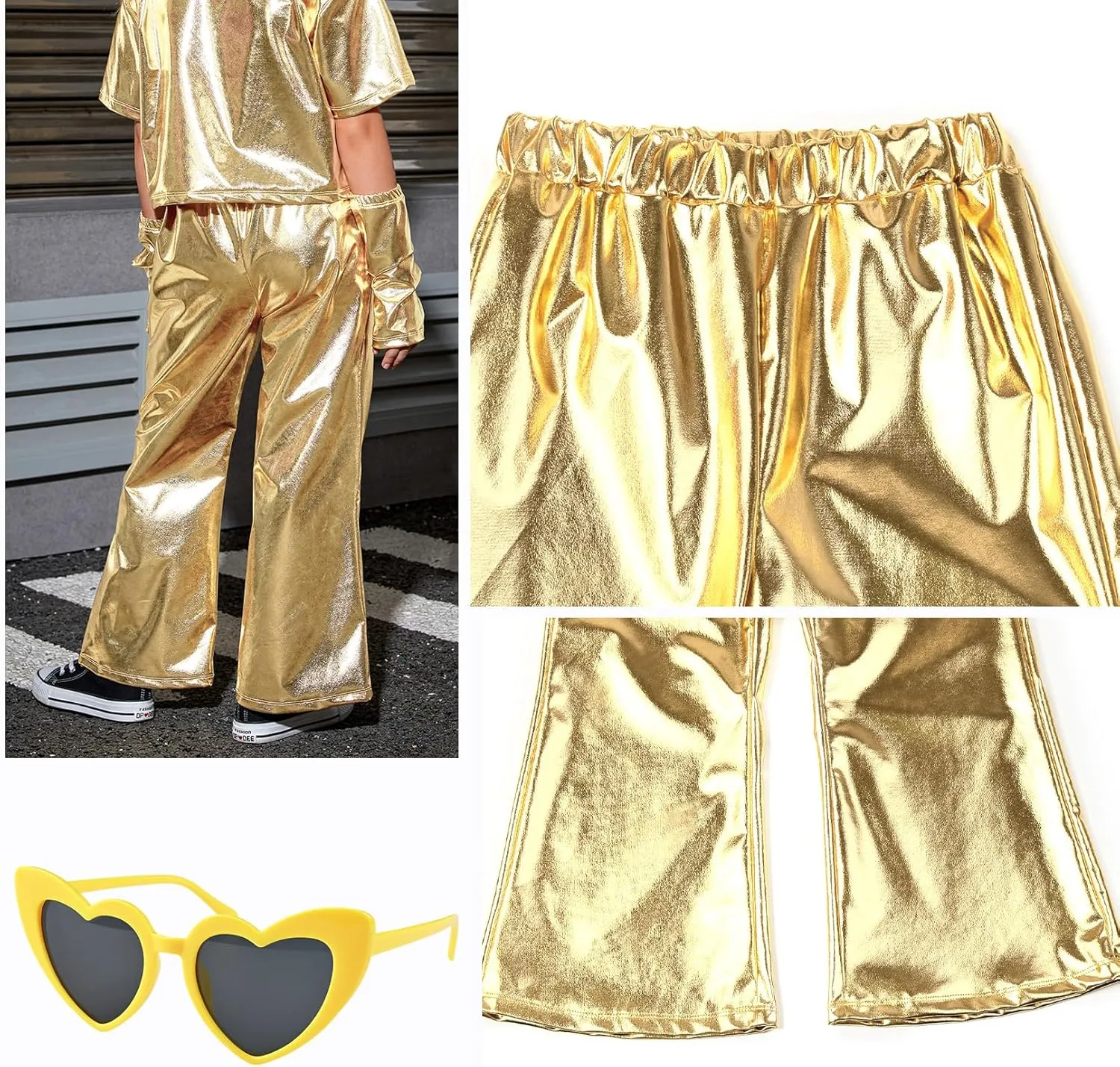 Perfashion Girls' Shiny Metallic Flared Pants Festival Dance Pants Disco with Sunglasses Wide Leg Trousers 6-15 Years