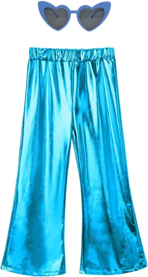 Perfashion Girls' Shiny Metallic Flared Pants Festival Dance Pants Disco with Sunglasses Wide Leg Trousers 6-15 Years